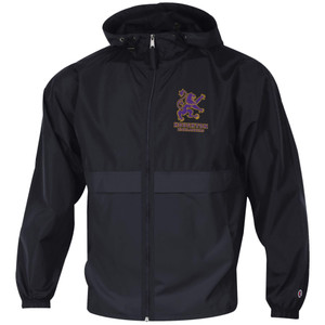 black lightweight full-zip jacket with hood featuring a purple and gold rampant lion and Houghton Highlanders on the left chest