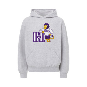 gray hooded sweatshirt with Luckey the lion and the logo H