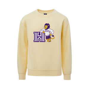 gold crew sweatshirt with Luckey the lion and the logo H on the front