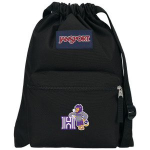 black draw sack with Luckey the Lion wearing a Houghton Highlanders sweatshirt and leaning on the Houghton 'H'