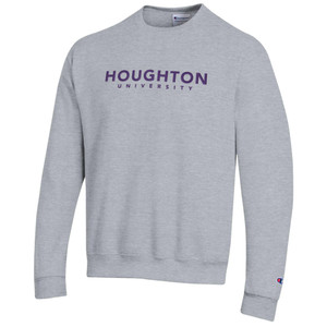 gray crew sweatshirt with purple embroidered Houghton University