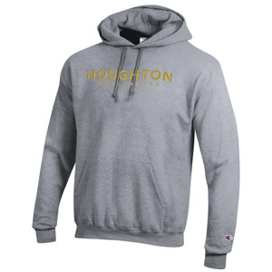 gray hooded sweatshirt with gold embroidered Houghton University