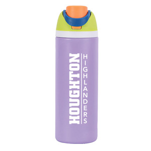 purple 24 oz. water bottle with white Houghton Highlanders and green and orange lid