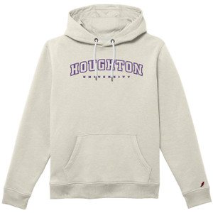 cream hooded sweatshirt with Houghton University embroidered on chest