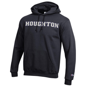 black hood with "Houghton" in 3D sherpa-like fabric across the front chest, outlined in purple. black hood with "Houghton" in 3D sherpa-like fabric across the front chest, outlined in purple.