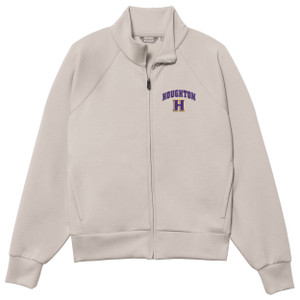 oatmeal full zip with "Houghton" arched over the letter "H" on the left chest in purple and gold oatmeal full zip with "Houghton" arched over the letter "H" on the left chest in purple and gold