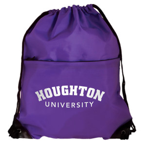 Nylon all-purpose drawstring purple tote with a large front zipper pocket. "Houghton University" is imprinted in white on the pocket.