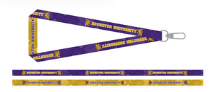lanyard in purple and gold with a diamond pattern, the Rampant Lion and the words "Houghton University." Design on both sides.