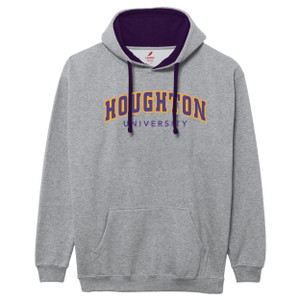 gray hooded sweatshirt with color-blocked lined purple hood with "Houghton" in purple and gold arched over "University" gray hooded sweatshirt with color-blocked lined purple hood with "Houghton" in purple and gold arched over "University"