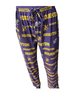purple pants featuring the word "Houghton" in a repeating design surrounded by the Rampant Lion and the Houghton 'H" in gold purple pants featuring the word "Houghton" in a repeating design surrounded by the Rampant Lion and the Houghton 'H" in gold