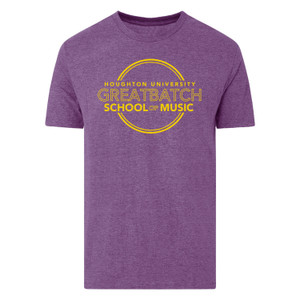 purple tee with gold Houghton University Greatbatch School of Music circle logo on chest