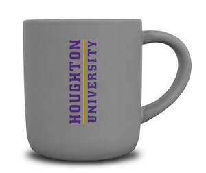 20 oz. soft touch ceramic gray mug with Houghton University vertically in purple and gold