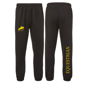 black sweatpants with gold jumping horse over Houghton University on the left hip and equestrian down the back of the right leg.