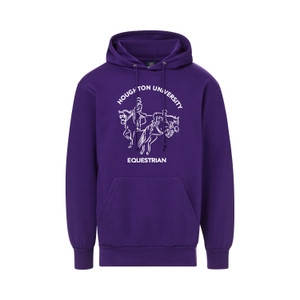 purple hoodie with white "Houghton University" arched above two riders; "Equestrian" sits under the design.