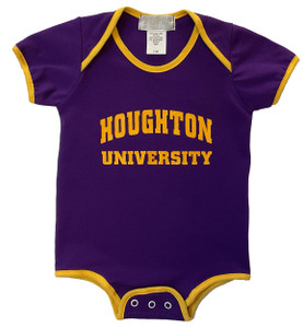 purple and gold onesie with Houghton University in gold on the front