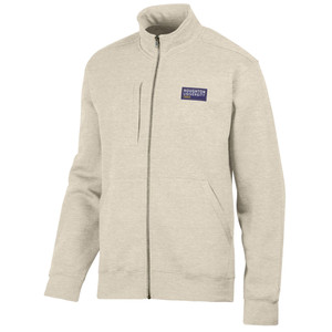 Oatmeal full zip sweatshirt with "Houghton University 1883" patch on the left chest.