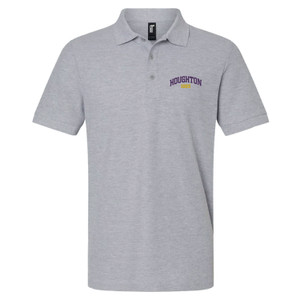 gray polo with purple Houghton and gold 1883 embroidered on the left chest