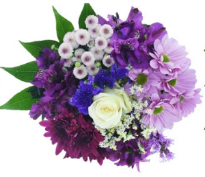 bouquet of 11 stems of purple hued flowers with a white rose