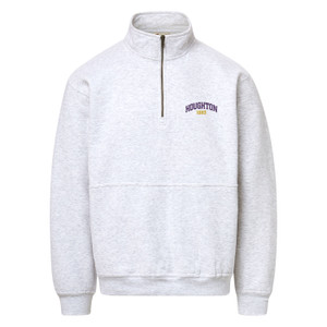 gray quarter zip with "Houghton" in purple arched over "1883" in gold on the left chest