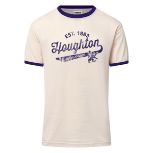 Off white vintage tee with purple contrast binding at the sleeve cuffs and collar. Features an "Established "Houghton Highlanders" purple imprint at the front chest in a vintage style.