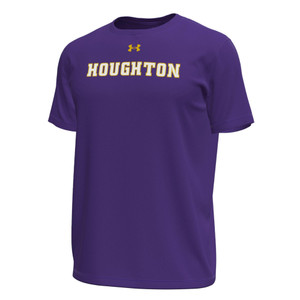 purple tee with a white and gold Houghton and Under Armour logo on the chest