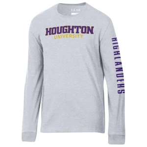 gray longsleeve tee with "Houghton University" is on the front chest in purple and gold, and "Highlanders"  in purple that runs down the left sleeve.