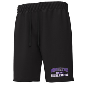 black shorts with purple and white "Houghton Highlanders, Est 1883" sitting on the left bottom leg.