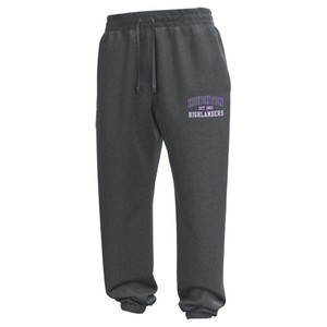 black sweatpants with purple and white "Houghton Highlanders Est. 1883" sitting on the top left thigh