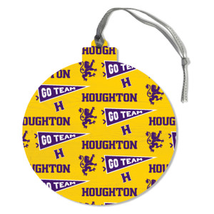 Purple and gold pressed wood Christmas ornament in the shape of a Christmas ball. Houghton athletic symbols surround a 'Go Team' pennant.