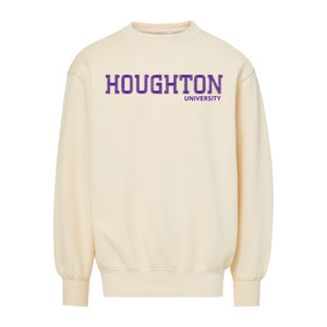 cream crew with purple 3D Houghton across chest in purple