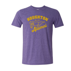 purple tee with gold Houghton Alumni design and est. 1883 and the Houghton logo H inside a flag