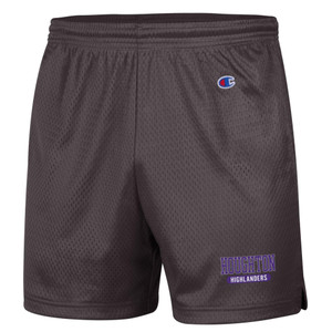 gray mesh shorts with purple and white Houghton Highlanders on the left leg