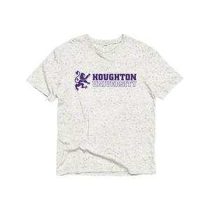 funfetti style t-shirt with purple rampant lion and "Houghton University" to the right of it.