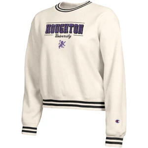 cream crew with black stripes at neck, sleeves, and waistline. "Houghton University" is imprinted across the front chest over the Rampant Lion in purple and black for a distressed, retro vibe.