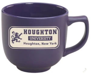 22 oz. purple matte ceramic mug with "Houghton University" over "Houghton, New York." Item features the Rampant Lion to the left of the words, and the imprint is sandblast etched.