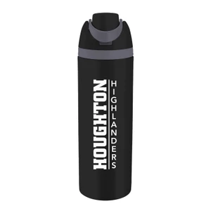 stainless steel black thermal water bottle with vacuum insulation. Item features "Houghton Highlanders" vertically in white