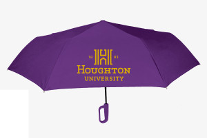 Item features a large carabiner clip-on handle, rust proof black powder coated shaft, and strong auto open and close shaft. Houghton's official logo is imprinted in gold.