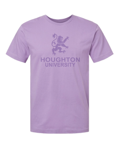 lavender tee with a large rampant lion over "Houghton University" in a clear ink.
