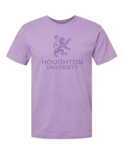 lavender tee with a large rampant lion over "Houghton University" in a clear ink.