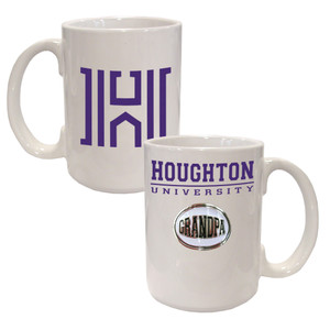 white ceramic mug with a silver metal "Grandpa" medallion under "Houghton University." Item features the Houghton 'H' on the other side of the mug.