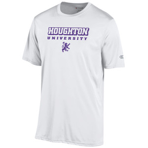 white tee with purple Houghton University and rampant lion on chest