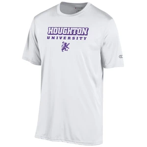 white tee with purple Houghton University and rampant lion on chest