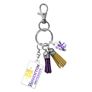 Silver metal bag charm or key tag with purple and gold leather tassels. The item features two additional die-cut acrylic charms in the shape of the Houghton Logo and the Rampant Lion.