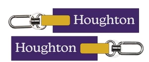 purple and gold vinyl keystrap has a metal key ring and a carabiner clip at the top. Item features the word "Houghton" woven into the webbing