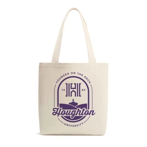 canvas tote with "Founded on the Rock" arched over the Houghton H above a silhouette of the Fancher belltower in purple
