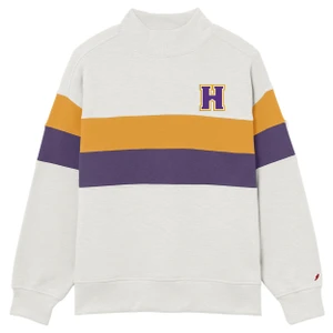 oatmeal mock neck sweatshirt with gold and purple stripes across the chest and sleeve with an embroidered athletic H in purple and gold on the left chest