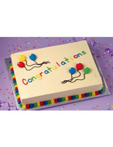9x13 white cake with colorful border and balloons that says "congratulations" 9x13 white cake with colorful border and balloons that says "congratulations"