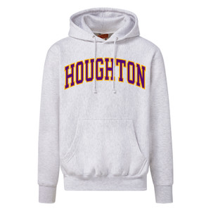 marble hoodie with gold and purple Houghton applique on chest