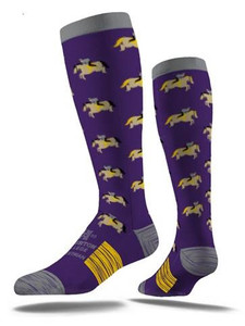 Tall purple and gray socks with horse and rider pattern all over top, Houghton College Equestrian on top of foot and gold arch.