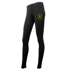 Black leggings with gold Houghton College 1883 circular design and rampant lion on the left leg Black leggings with gold Houghton College 1883 circular design and rampant lion on the left leg